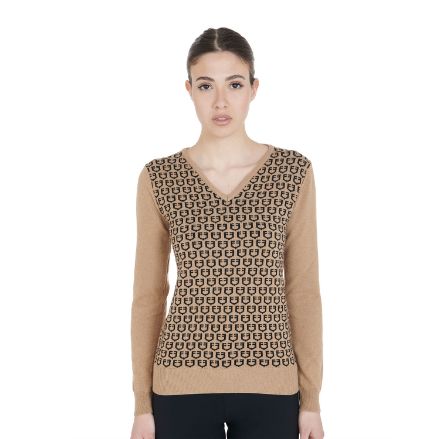 Women's V-neck sweater with contrasting logos